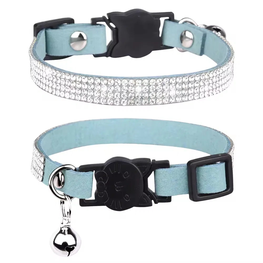 Microfiber Pet Cat Collar with Adjustable Breakaway Buckle Rhinestone&Bell Decoration