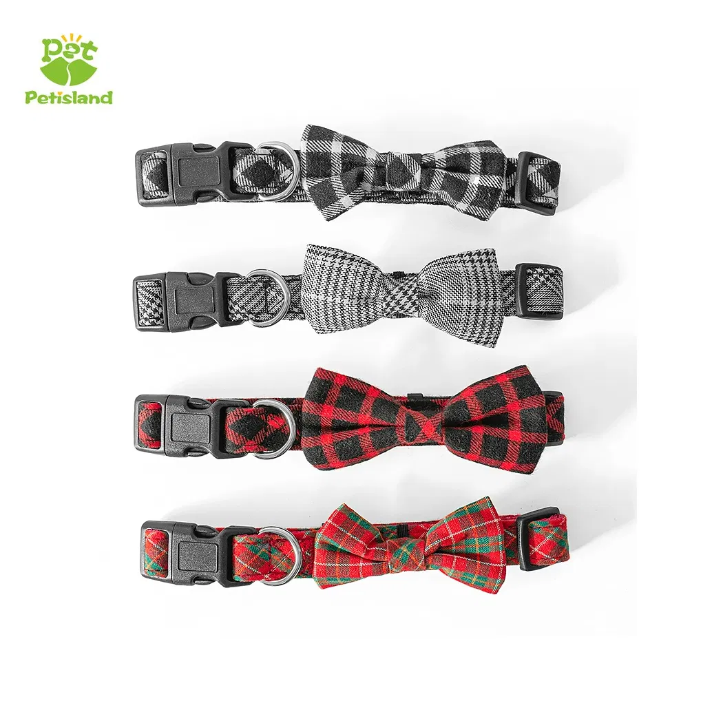 China Pet Supply Dog Products Black POM Buckle Plaid Dog Collar with Bowknot Bowtie