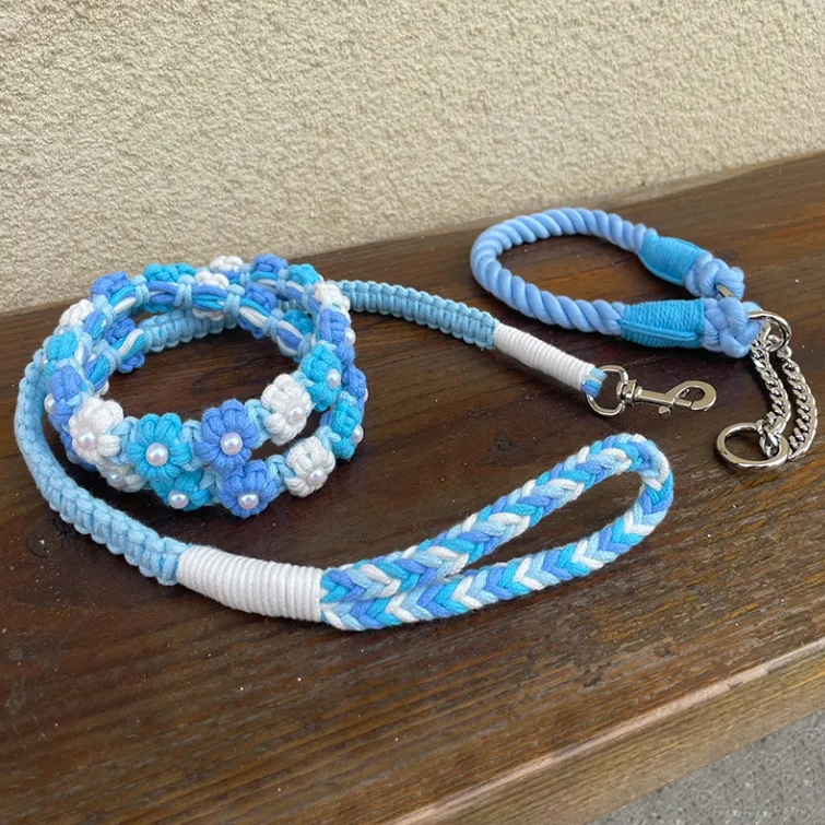 Custom Stocked Collection Handmade Daisy Flower Dog Leash Collar Eco-Friendly Rope Pet Leads Gift for Wedding Dog Macrame String