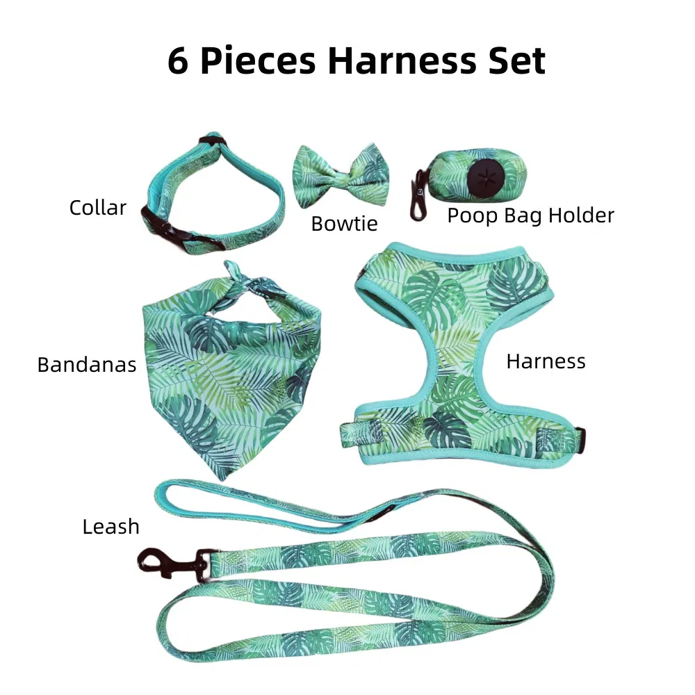 Custom Logo Dog Harness 6-Pieces Set with Small Quantity Order Pet Harness Wholesale Customized Pet Bandana Bowtie Dog Leash Dog Collar &amp; Dog Harness
