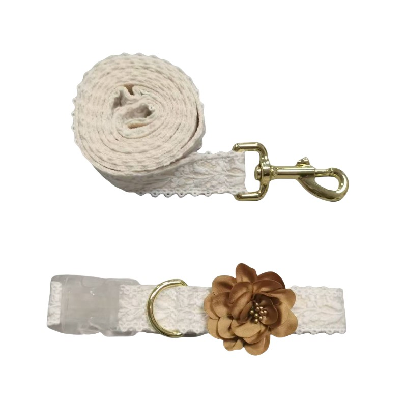 Custom Cotton Dog Collar Leash Set with Embroidery Soft Padded Personalized Flower