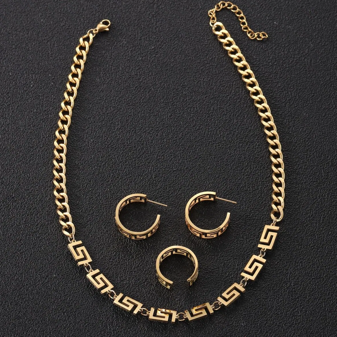 Stainless Steel Great Wall Pattern Pendant Cuban Chain Brand Jewelry Set