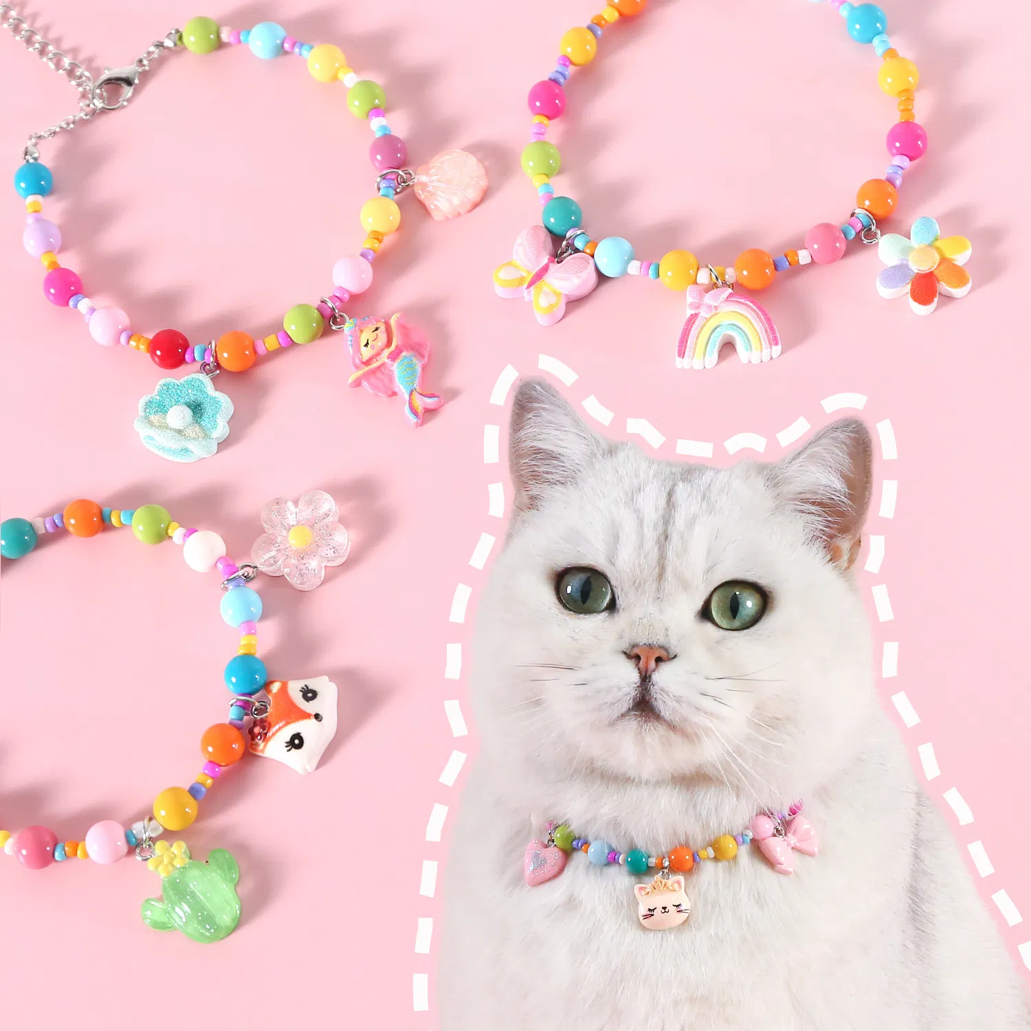 Colorful Bead Pet Collar with Charms - Adjustable Cat &amp; Small Dog Necklace