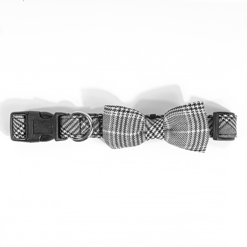 China Pet Supply Dog Products Black POM Buckle Plaid Dog Collar with Bowknot Bowtie