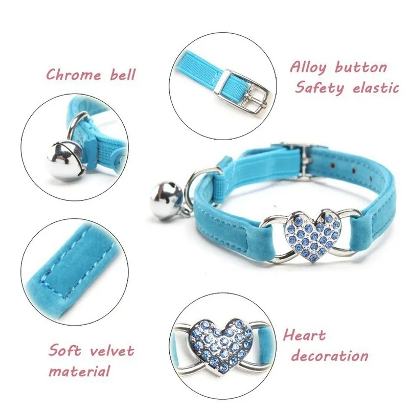 Dog Collar Crystal Elastic Collar Velvet Bell Heart Shape Pet Necklacce Soft Bell Stretch Pet Puppy Collars