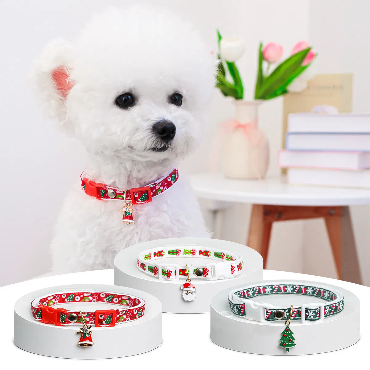Factory Wholessale Custom Christmas PU Leather Nylon Pet Dog Cat Collar Product/Products Accesspores Supply with Bell Crystal Buckle