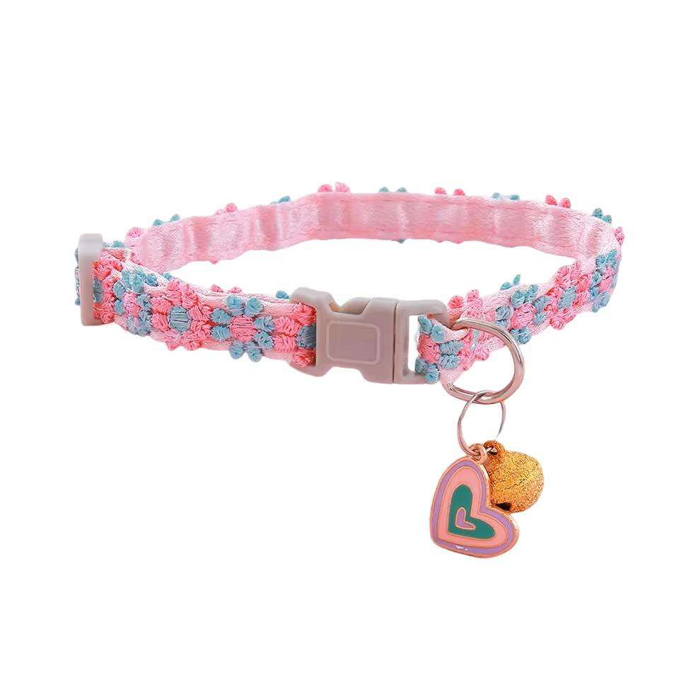 Adjustable Floral Lace Flower Cat Pet Collar with Bells Soft Satin Metal Heart Charms for Dogs Cats
