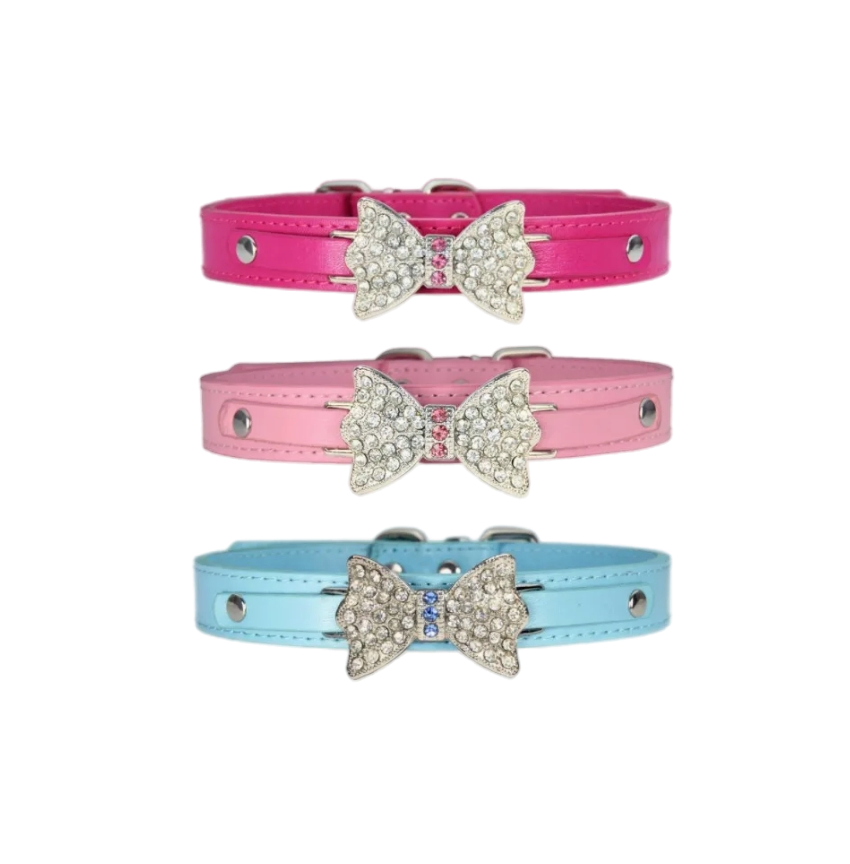 Bling Crystal Dog Collar with Diamond and Leather Bow Design
