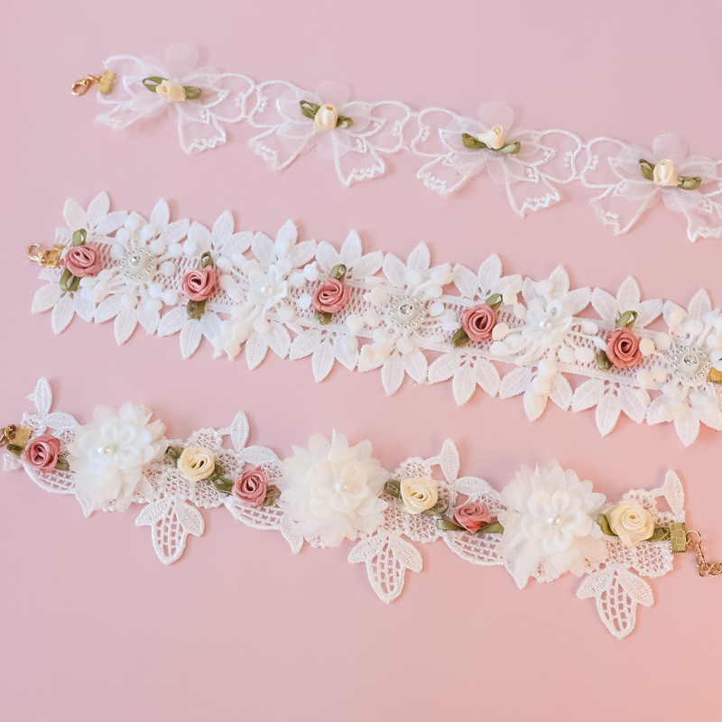 Pet Collar Kitten Cat Dog Accessories Lace Bow Vintage Rose Flowers