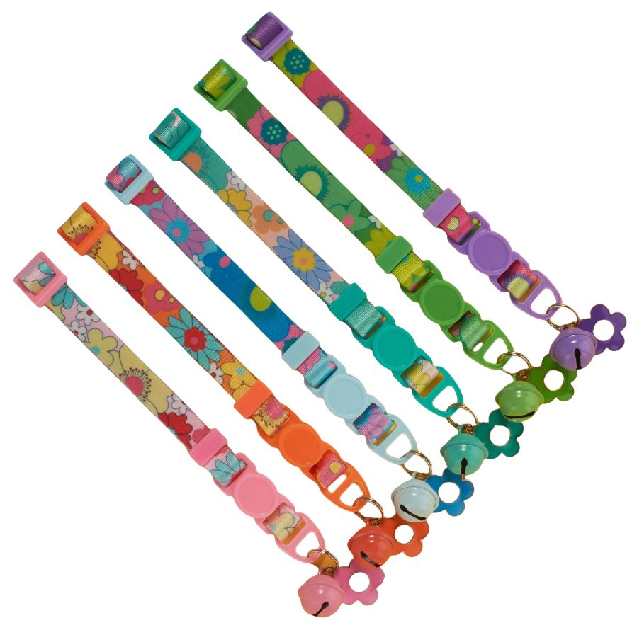 Wholesale Multi-Colors Printing Adjustable Polyester Pet Cat Puppy Collar with Bells and Floral Pendant