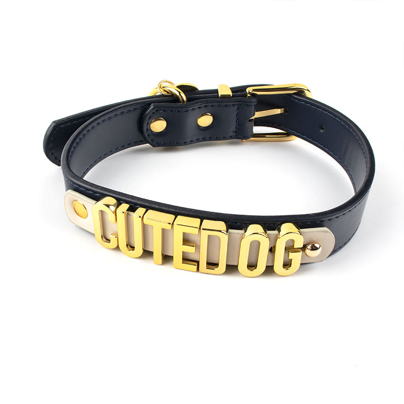 Bling Name Custom Luxury Leather Metal Brand Tags Dog Collar with Letters Design Personalized Pet Collar