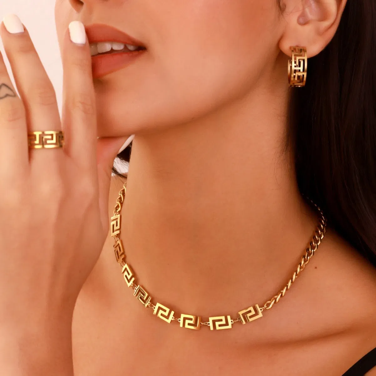 Stainless Steel Great Wall Pattern Pendant Cuban Chain Brand Jewelry Set