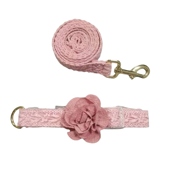 Custom Cotton Dog Collar Leash Set with Embroidery Soft Padded Personalized Flower