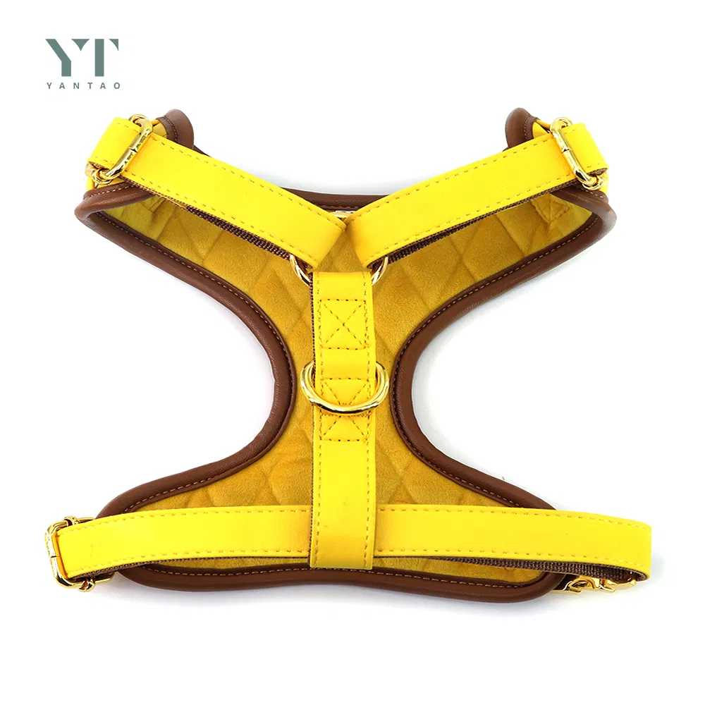 High Quality Custom Logo and Color PU Leather Dog Harness and Leash Set Adjustable Fashion Pink and Yellow Leather Pet Harness with Metal Buckle