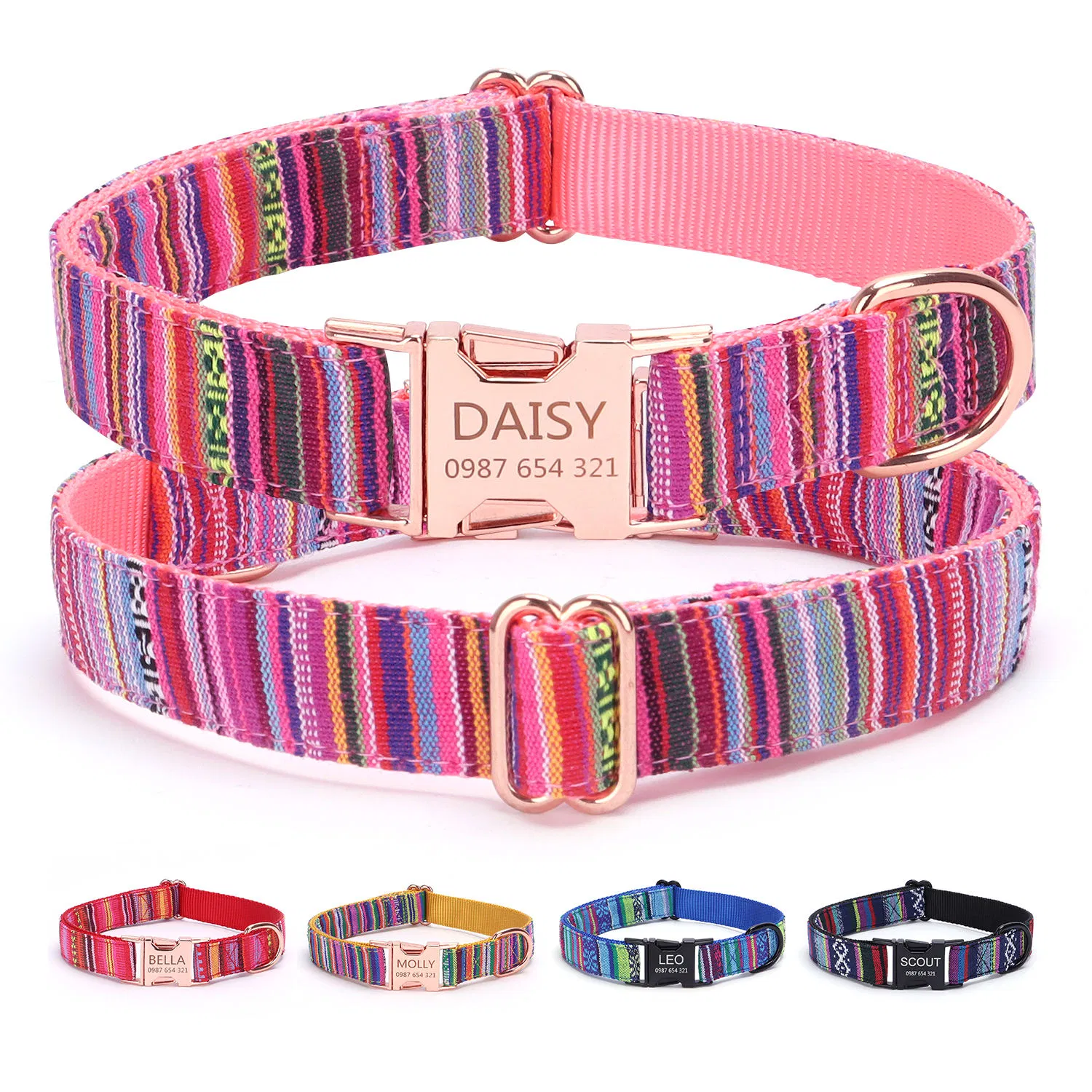 Rose Golden Metal Buckle Dog Collar with Pet ID Design