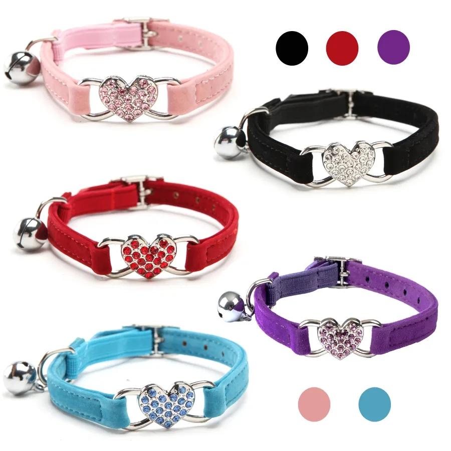 Heart Charm and Bell Cat Collar Safety Elastic Adjustable with Soft Velvet Material 5 Colors Pet Product Small Dog Collar