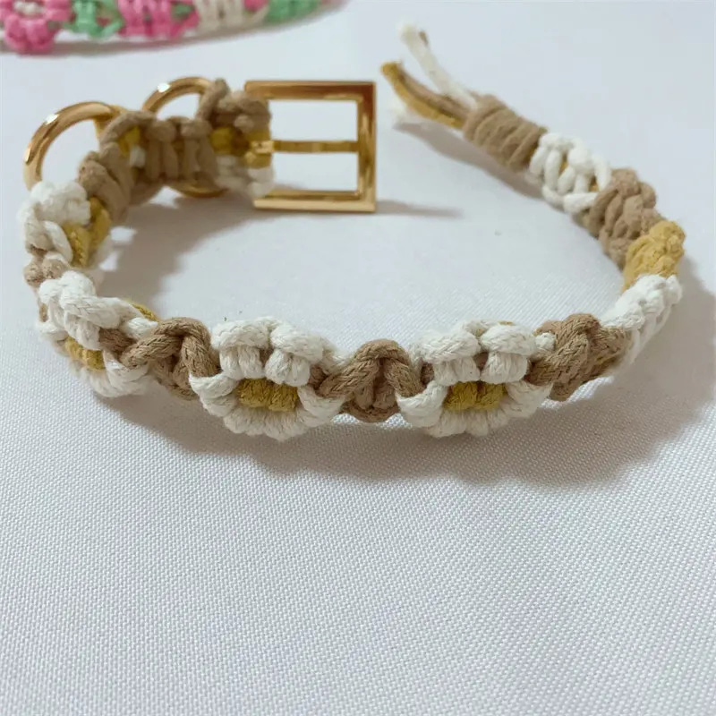 Handmade Cute Flower Cat Collar in Cotton Rope Macrame Dog Collar Charms Small Daisy Pet Collar