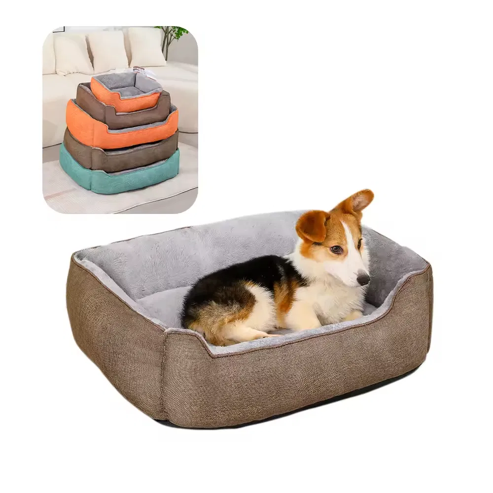 Modern Square Flax Raised Portable Dog &amp; Cat Bed Comfortable All-Season Thickened Removable Pet Bed