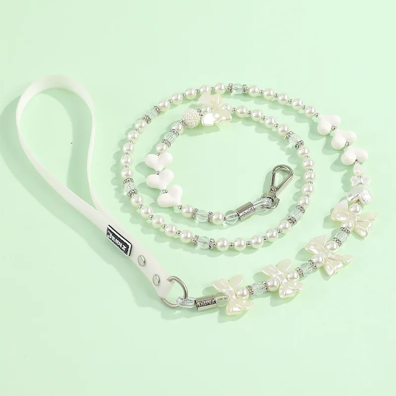 Pet Collar Pet Leash PU Leather Delicate Imitation Pearl Dog Pearl Collars Built in Wire Rope for Dog Cat Collar Chain Leash Set