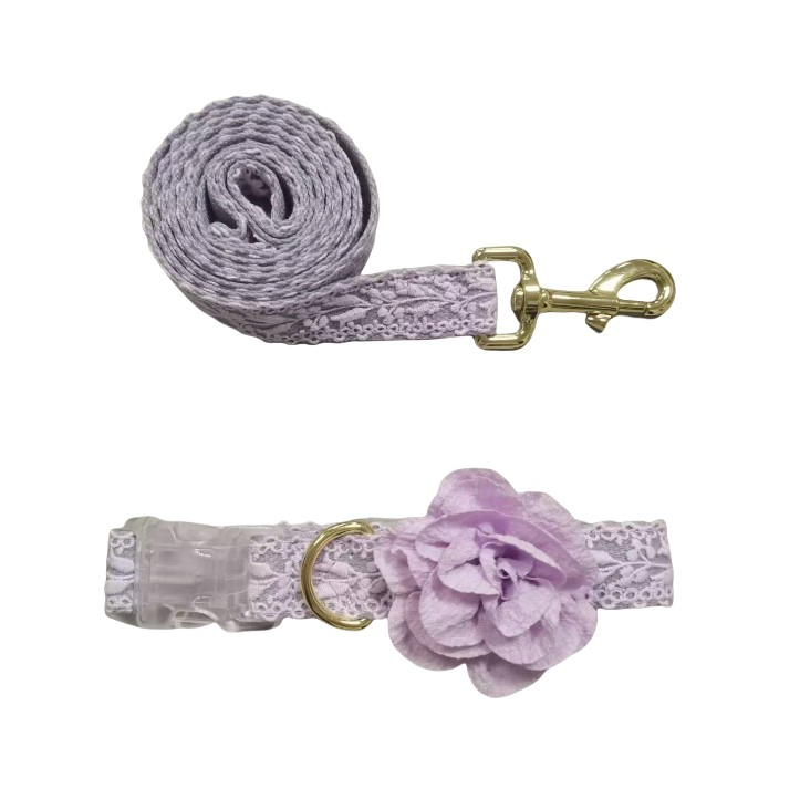 Polyester Cotton Dog Collar Leash Set with Embroidery Soft Padded Personalized Flower