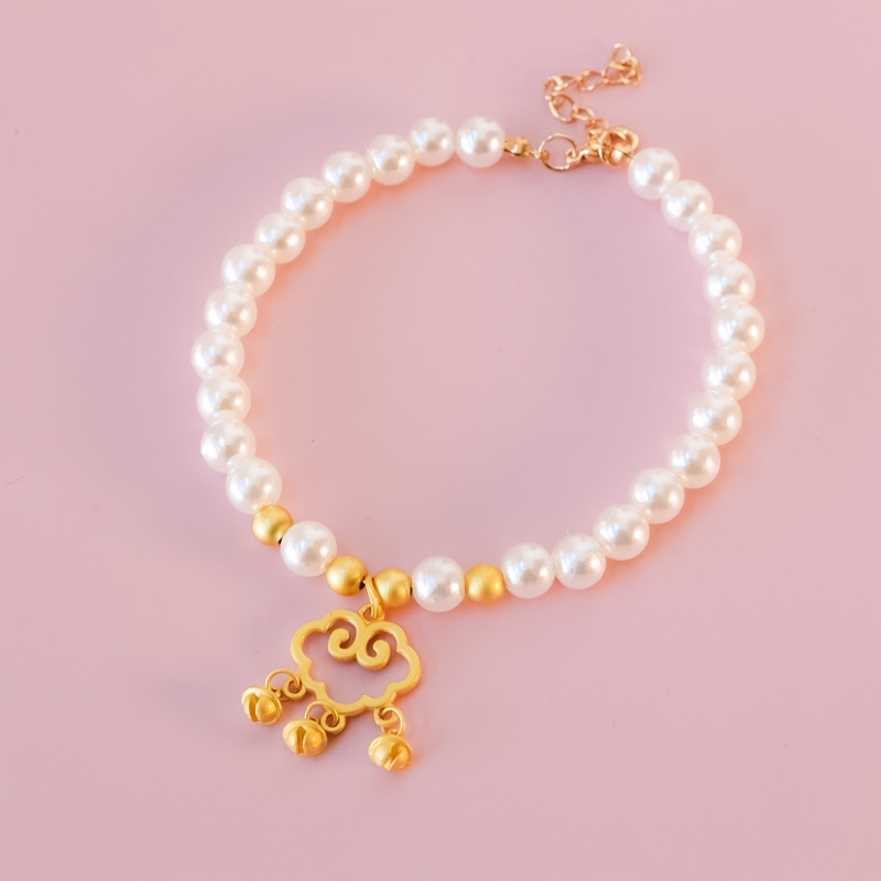 Pet Collar Cat Dog Pearl Necklace Gold Color Tiger Head Lock Bell