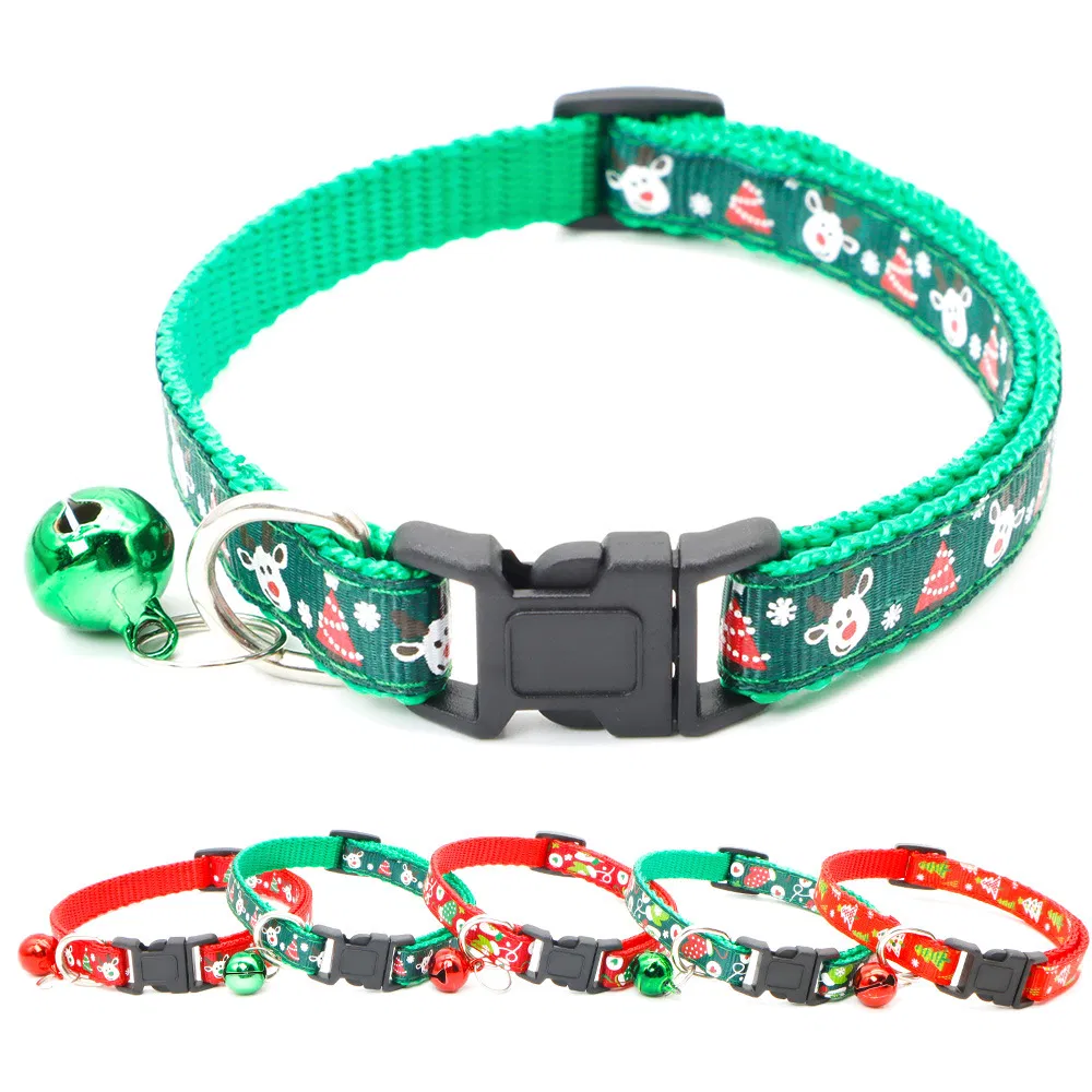 Festivals Christmas Print Cat Necklace Polyester Small Pet Collar with Cute Bell