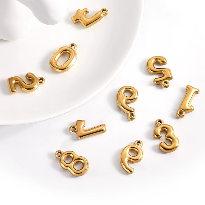 18K Gold PVD Plated Stainless Steel Bubble Number 0-9 Charm Pendant DIY Waterproof Jewelry Accessories