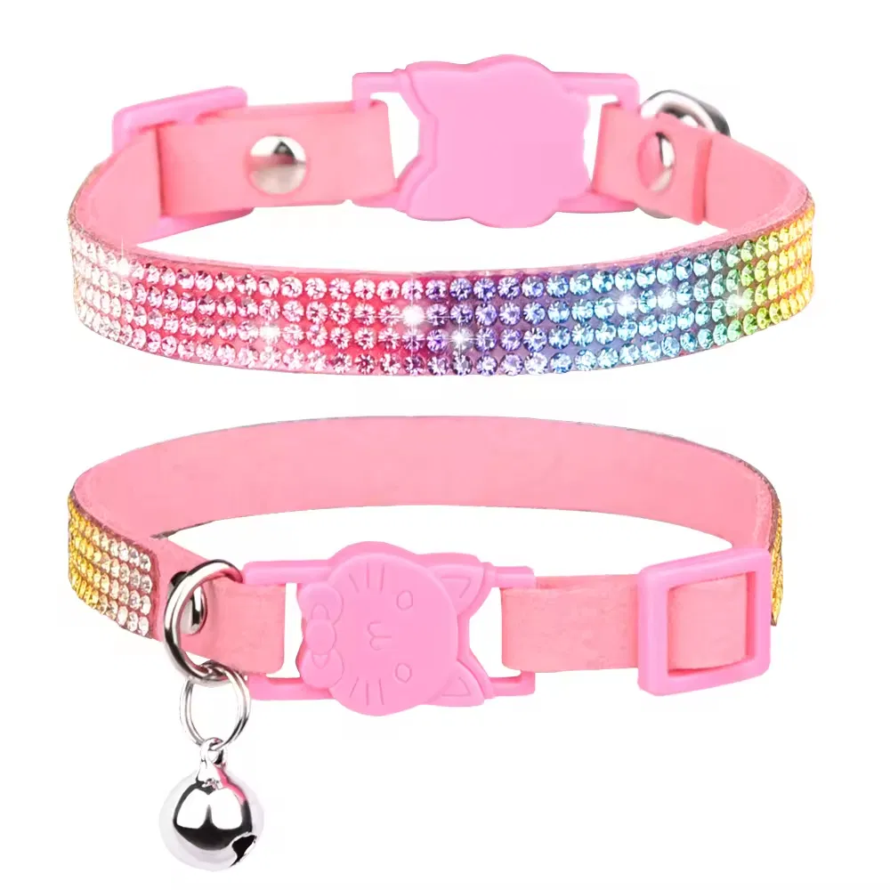 Microfiber Pet Cat Collar with Adjustable Breakaway Buckle Rhinestone&Bell Decoration