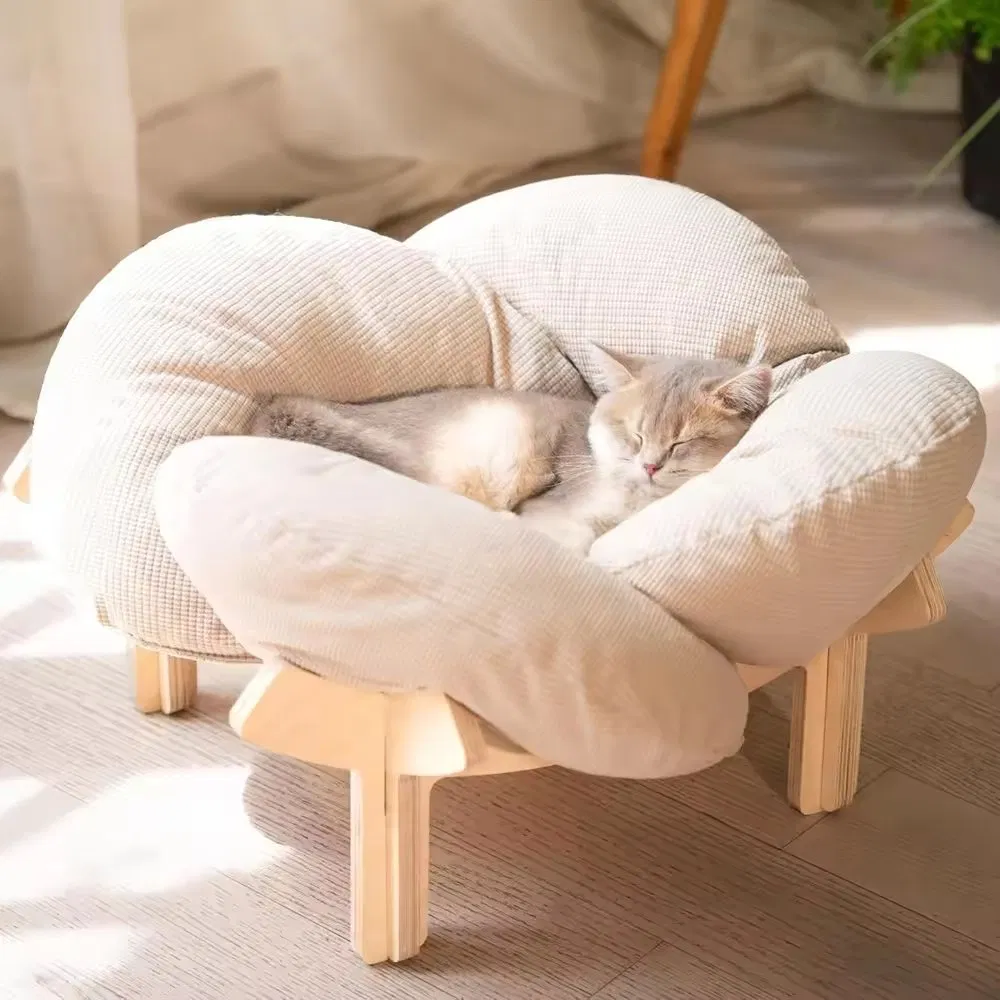 Natural Wooden Raised Cat Bed with Fluffy Cushion Indoor Wooden Cat House &amp; Pet Sofa Bed for All Seasons