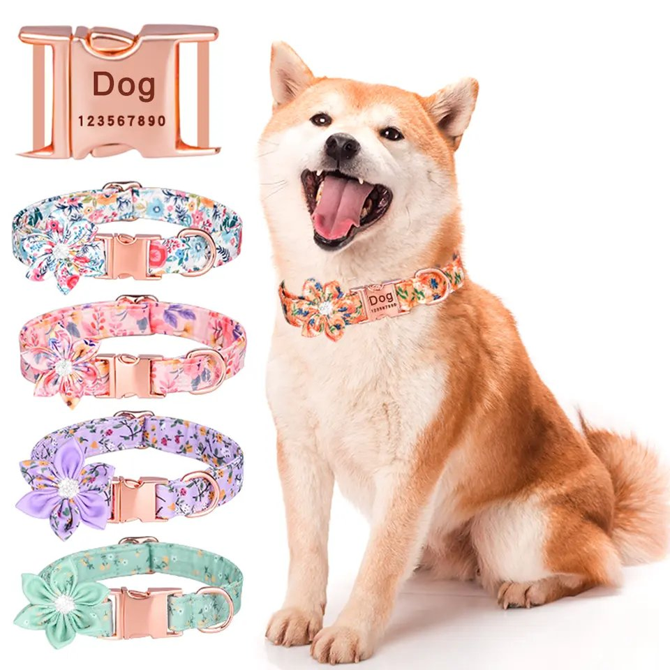 Private Label Personalized Design Floral Pet Dog Collar with Bow for Puppy Medium Dog Walking Jogging