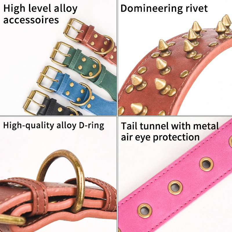 PU Dog Collar Solid Pattern with Rivet Decoration Durable Strong Punk Style for Large Medium Dogs Training Collars