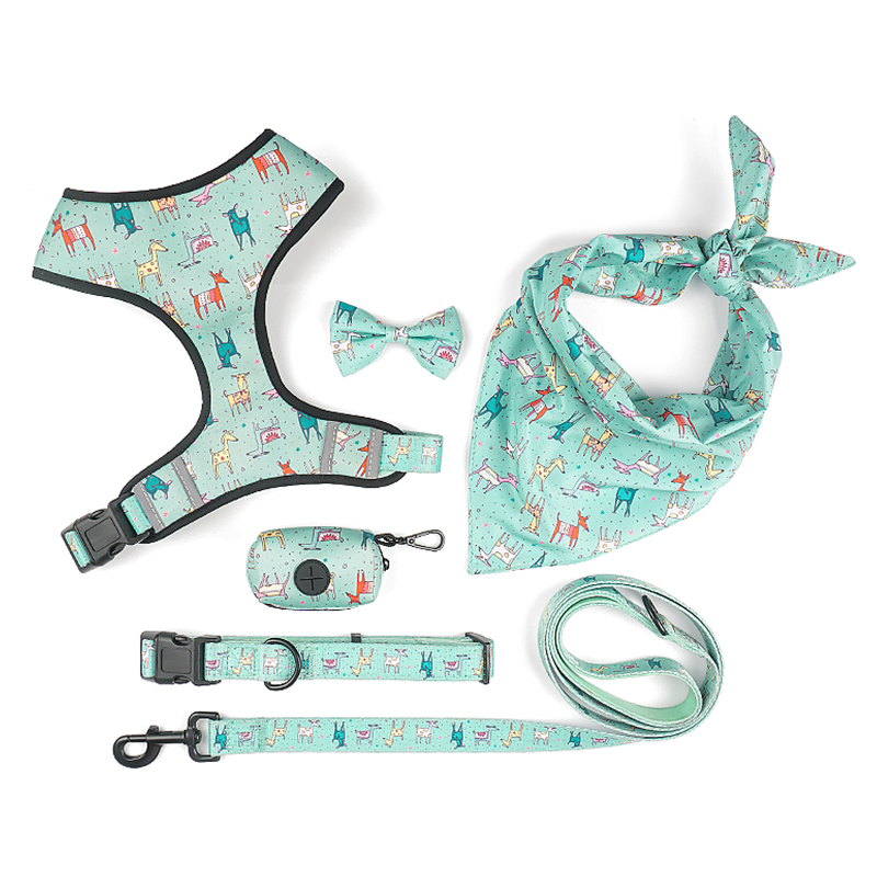 Petisland Factory Manufacturers Designer Custom Pet Clothes Luxury Printed Mesh 6 in 1 Reversible Pet Clothing OEM ODM Dog Harness Leash Bandana Collar Set