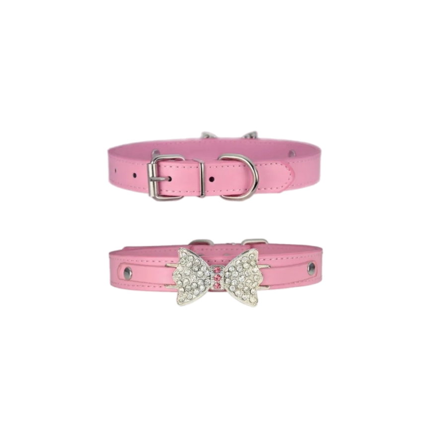 Bling Crystal Dog Collar with Diamond and Leather Bow Design