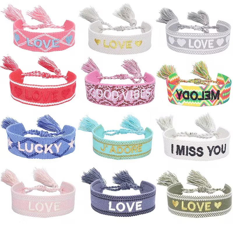 Custom Embroidery Friendship Braided Bracelet Adjustable Woven Charm Tassel Wristband for Wedding Gift Jewelry