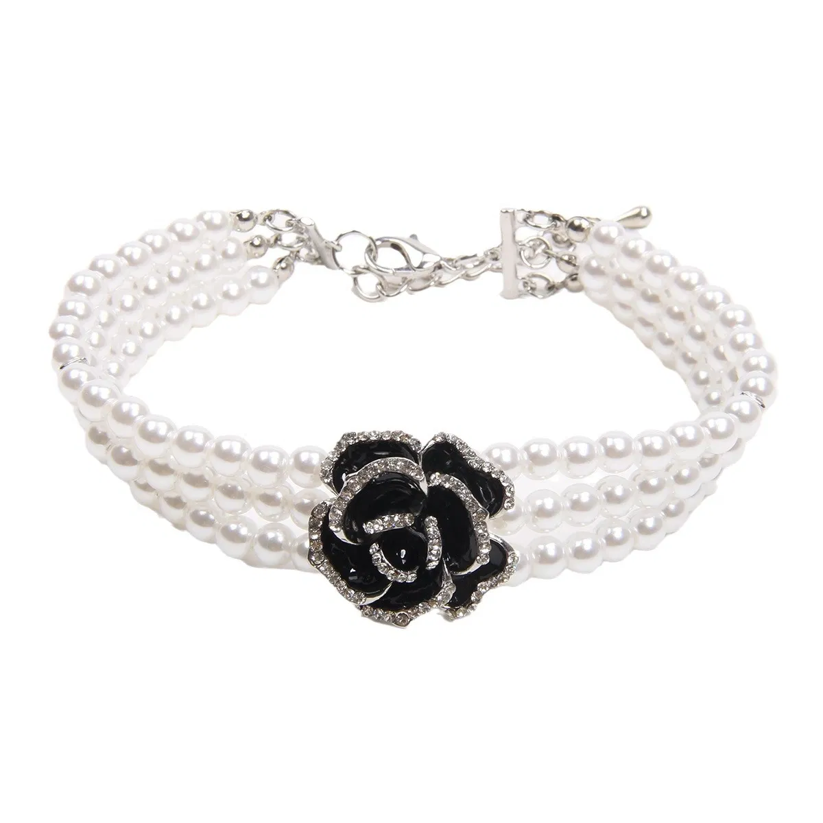 Classic Three Row Pearl Rose Pet Necklace Pet Cat Dog Collar Rhinestones Dog Accessories