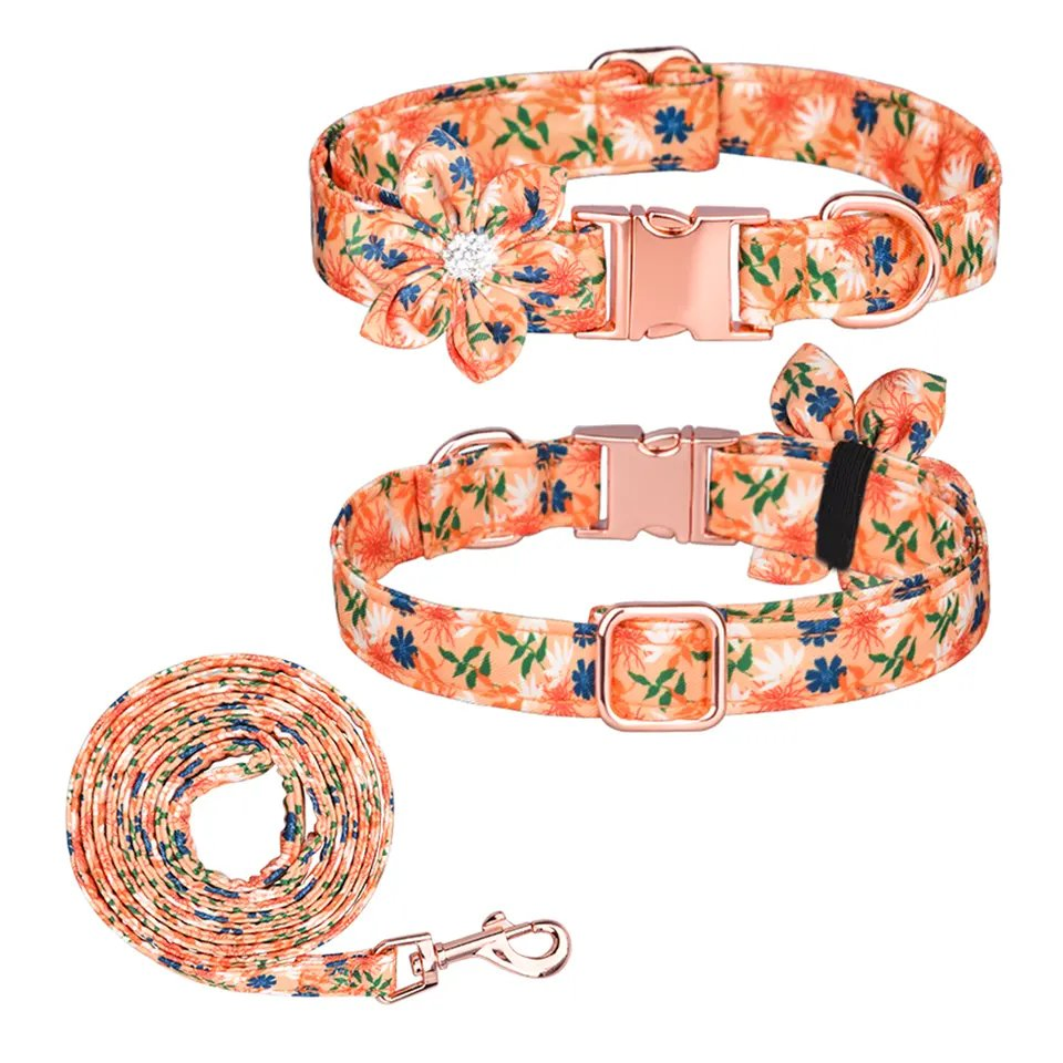 Private Label Personalized Design Floral Pet Dog Collar with Bow for Puppy Medium Dog Walking Jogging