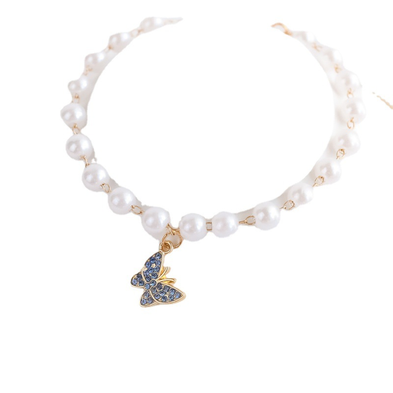 Pet Collar Cat Dog Bell Pearl Necklace Rhinestone Butterfly Jewelry Glitter Diamond