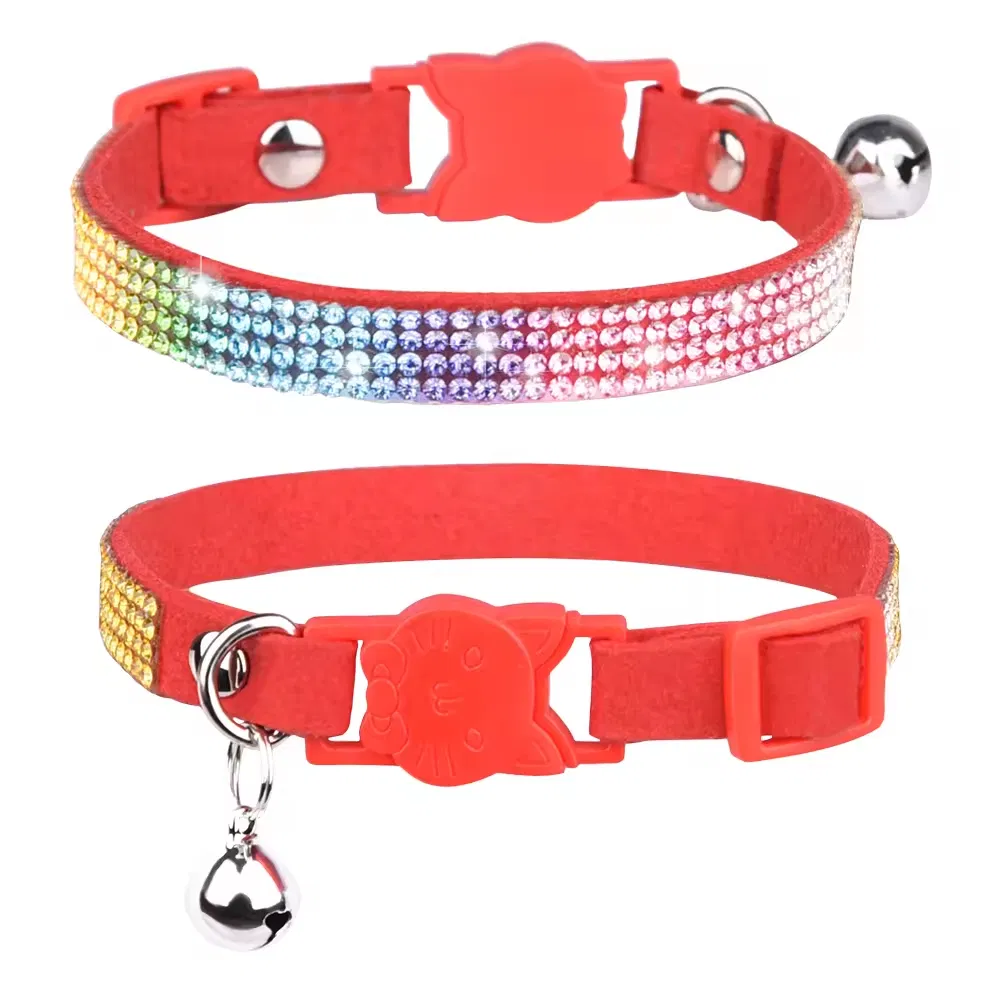 Microfiber Pet Cat Collar with Adjustable Breakaway Buckle Rhinestone&Bell Decoration