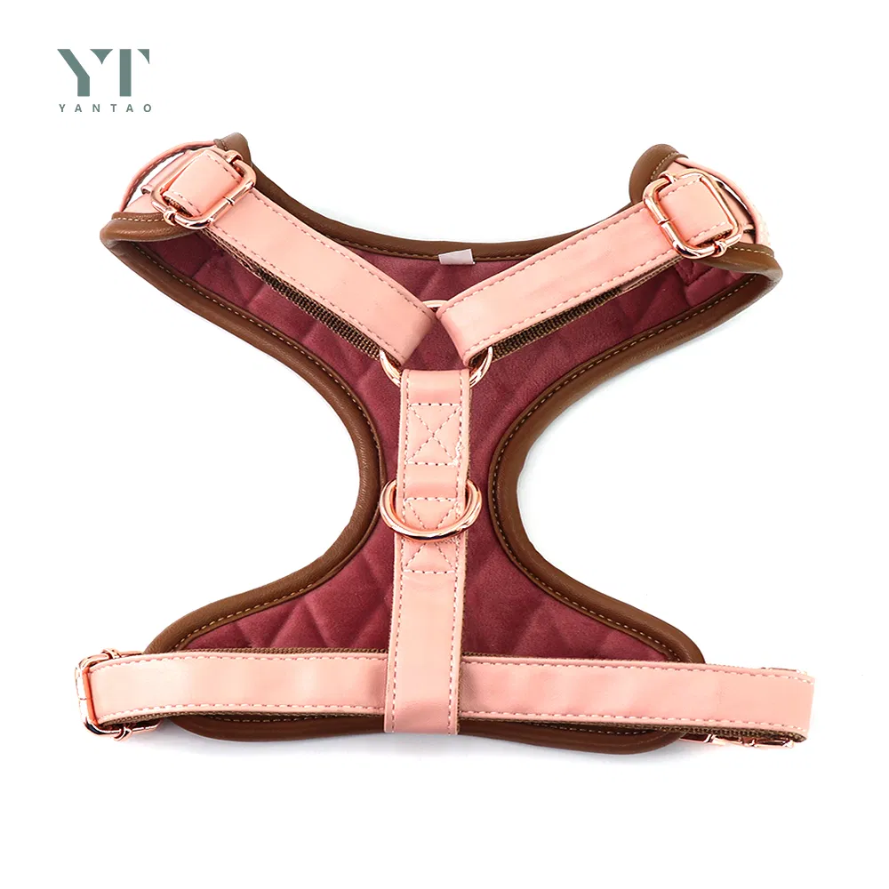 High Quality Custom Logo and Color PU Leather Dog Harness and Leash Set Adjustable Fashion Pink and Yellow Leather Pet Harness with Metal Buckle