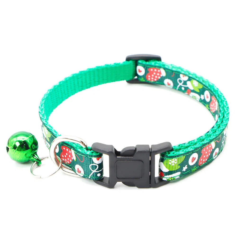 Custom Christmas Print Small Necklace Polyester Small Pet Cat Collar with Bell