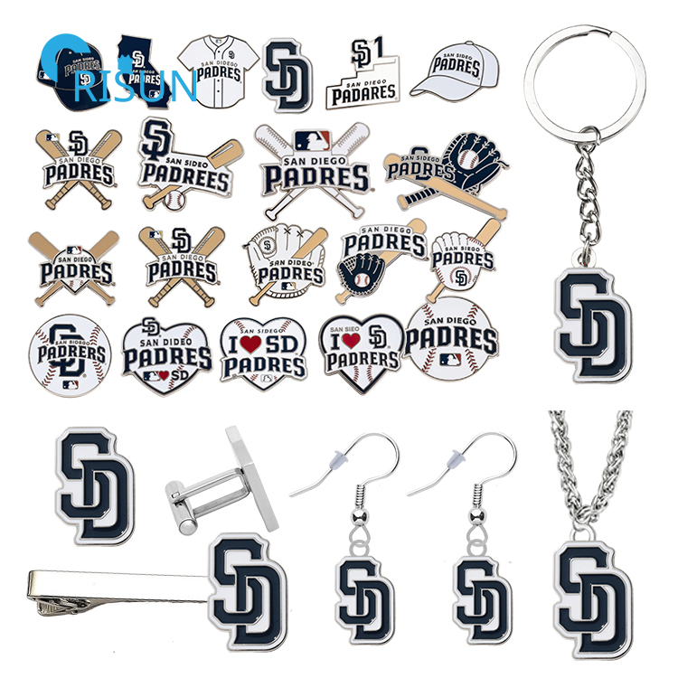 MLB Baseball SD San Diego Padres Cap Hat Tie Tack Pin Earring Necklace Cufflink Tie Clip Bar Refrigerator Magnet Keychain Keyring Badge Enamel Lapel Pin Set