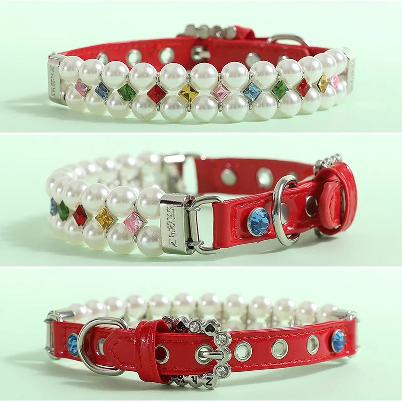 Pet Collar Pet Leash PU Leather Delicate Imitation Pearl Dog Pearl Collars Built in Wire Rope for Dog Cat Collar Chain Leash Set