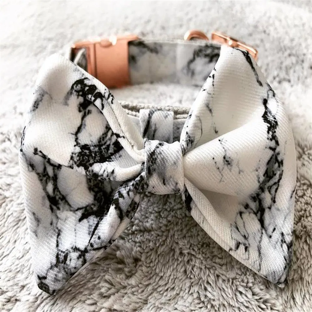 Hot Sell Cotton Gray Marble Printed Dog Collar with Rose Gold Buckle
