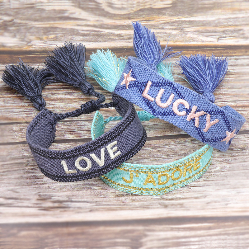 Custom Embroidery Friendship Braided Bracelet Adjustable Woven Charm Tassel Wristband for Wedding Gift Jewelry