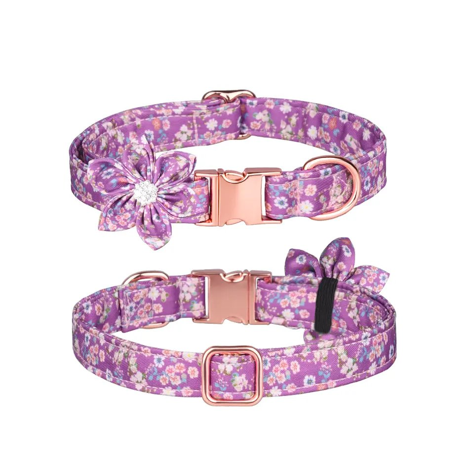 Private Label Personalized Design Floral Pet Dog Collar with Bow for Puppy Medium Dog Walking Jogging