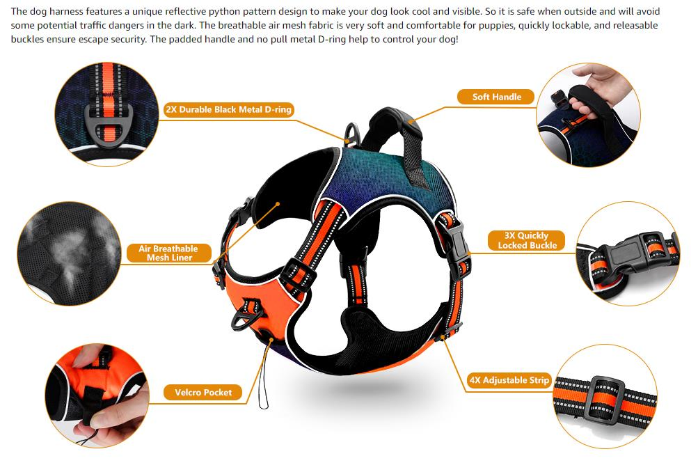 No Pull Dog Harness, Dogs Vest, Python Texture Reflective Adjustable Pet Harness with 2 D-Ring Leash Hooks, Easy Control Handle, 3 Durable Buckle