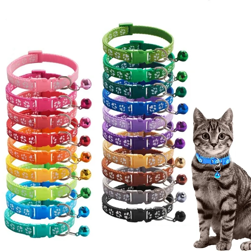 Pet Collar with Bell Cartoon Footprint Colorful Dog Puppy Cat Accessories Kitten Collar Adjustable Safety Bell Ring Necklace Pet