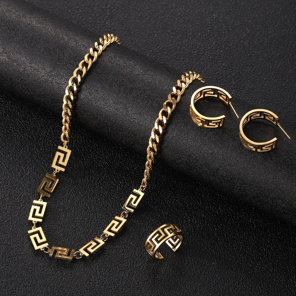 Stainless Steel Great Wall Pattern Pendant Cuban Chain Brand Jewelry Set