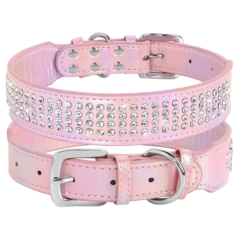 Luxury Leather Colorful Pet Collar Padded Bling Diamonds Rhinestone Dog Collar