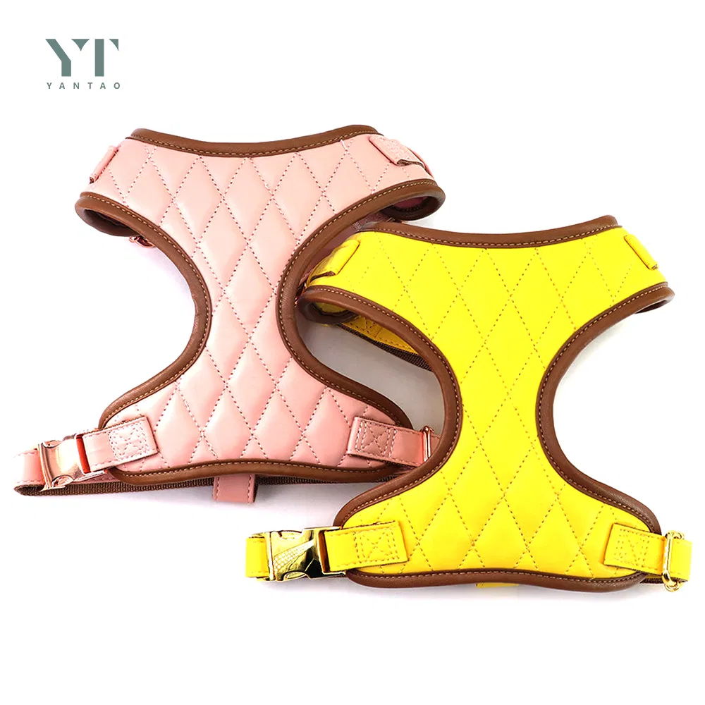High Quality Custom Logo and Color PU Leather Dog Harness and Leash Set Adjustable Fashion Pink and Yellow Leather Pet Harness with Metal Buckle